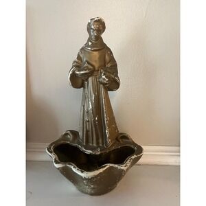 St Francis Statue Planter. Weathered Gold Paint With White Ceramic Underneath.
